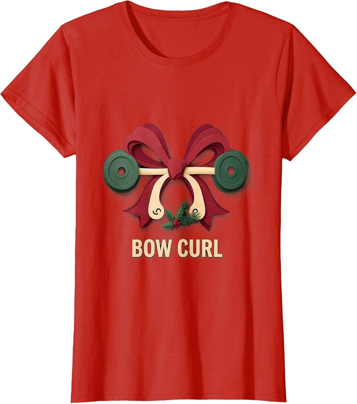 Women's Bow Curl Funny Christmas Gym Workout Fitness Gift T-Shirt - Red