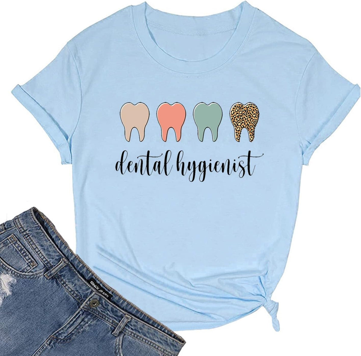 Dental Hygienist Shirts for Women Round Neck T-Shirt Casual Short Sleeves Tee Summer for Dentist - Blue
