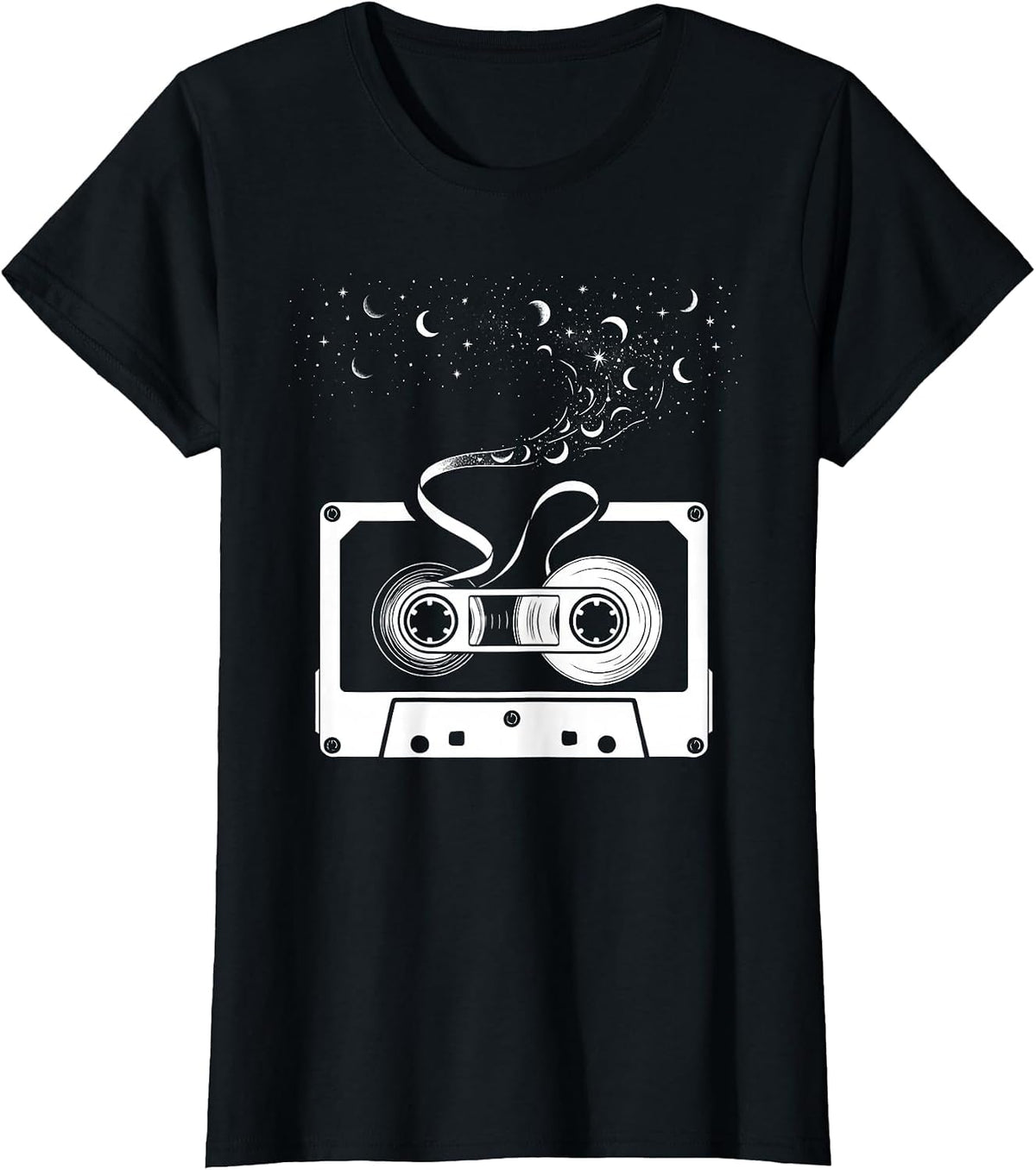 Women's Cassette Tape Night Sky Unraveling Galaxy T-Shirt - Black