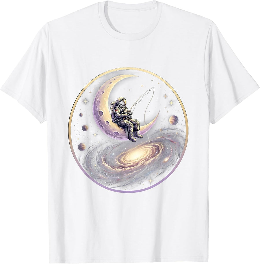 Men's Astronaut Fishing on Crescent Moon Galaxy Design T-Shirt - White