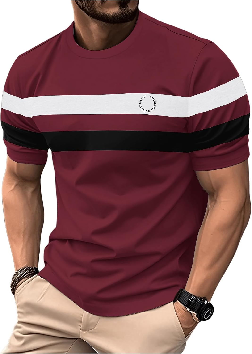 RoseSeek Men's Color Block Short Sleeve Tee Shirts Casual Summer T-Shirt - Burgundy