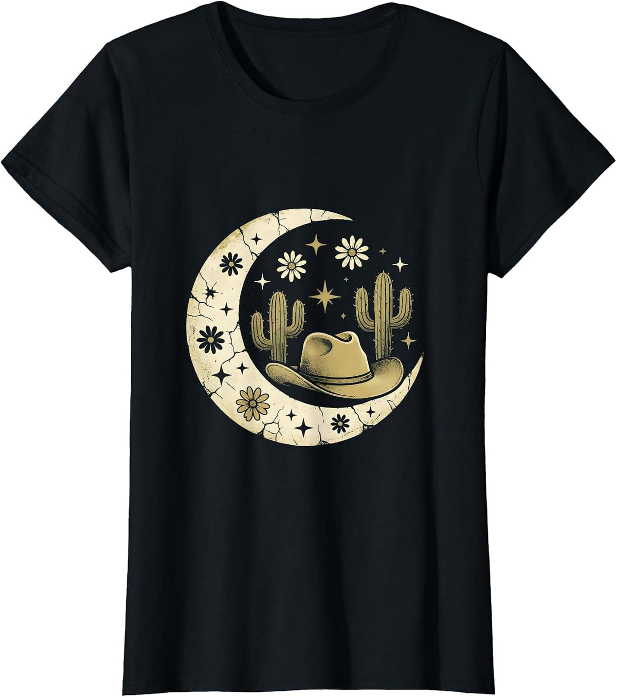 Western Cowgirl Hat Feather Cacti Graphic Design T-Shirt - Black