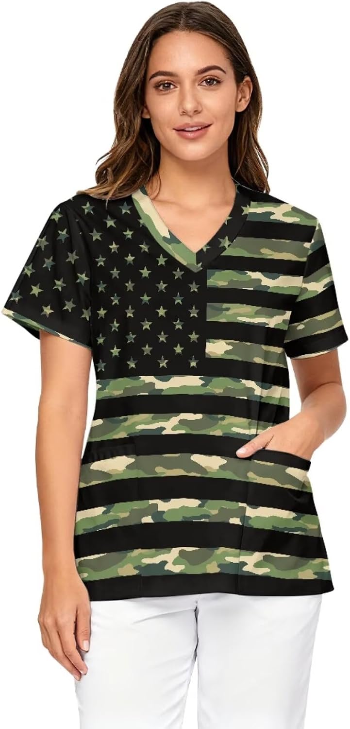 Scrubs for Women V Neck Cozy Scrub Tops Stretchy Short Sleeve Medical Nursing Uniforms Casual Nurse Shirt - American Flag