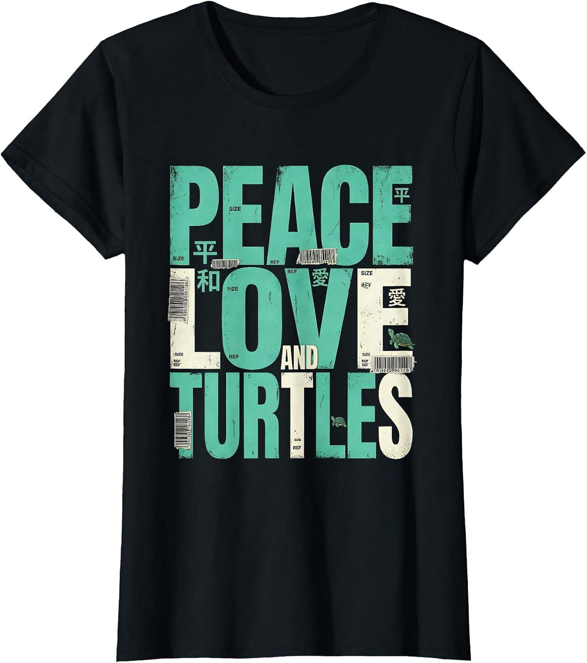 Women's Peace Love and Turtles Nature Lover Design T-Shirt - Black
