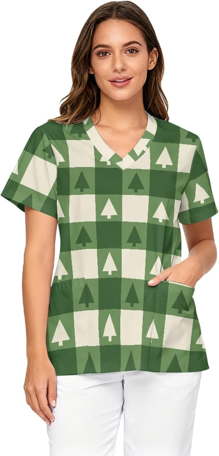 Scrubs for Women V Neck Medical Scrub Tops Size S - 5XL - Christmas Plaid Pine Tree Print