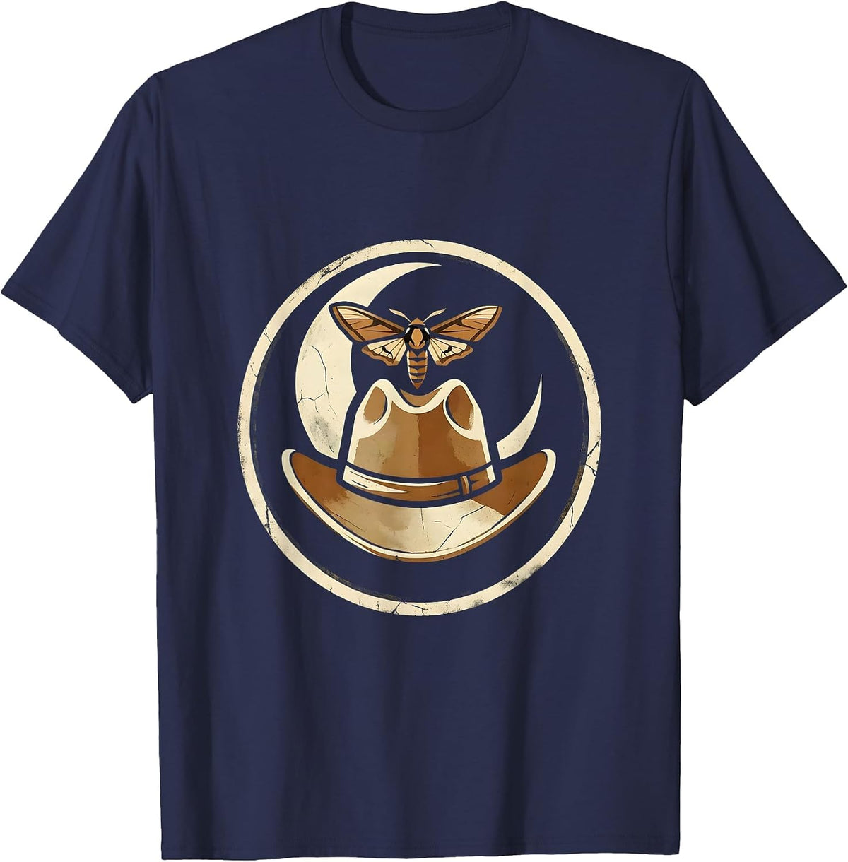 Cowgirl Hat Moth and Moon Western Graphic T-Shirt - Navy Blue