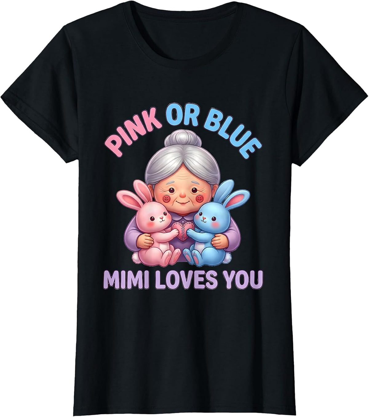 Women's Pink Or Blue Mimi Loves You Cute Kawaii Gender Reveal Party T-Shirt - Black