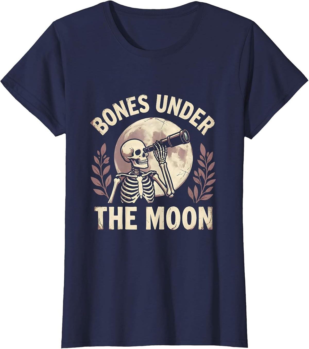 Women's Bones Under the Moon Halloween Skeleton Design T-Shirt - Navy Blue