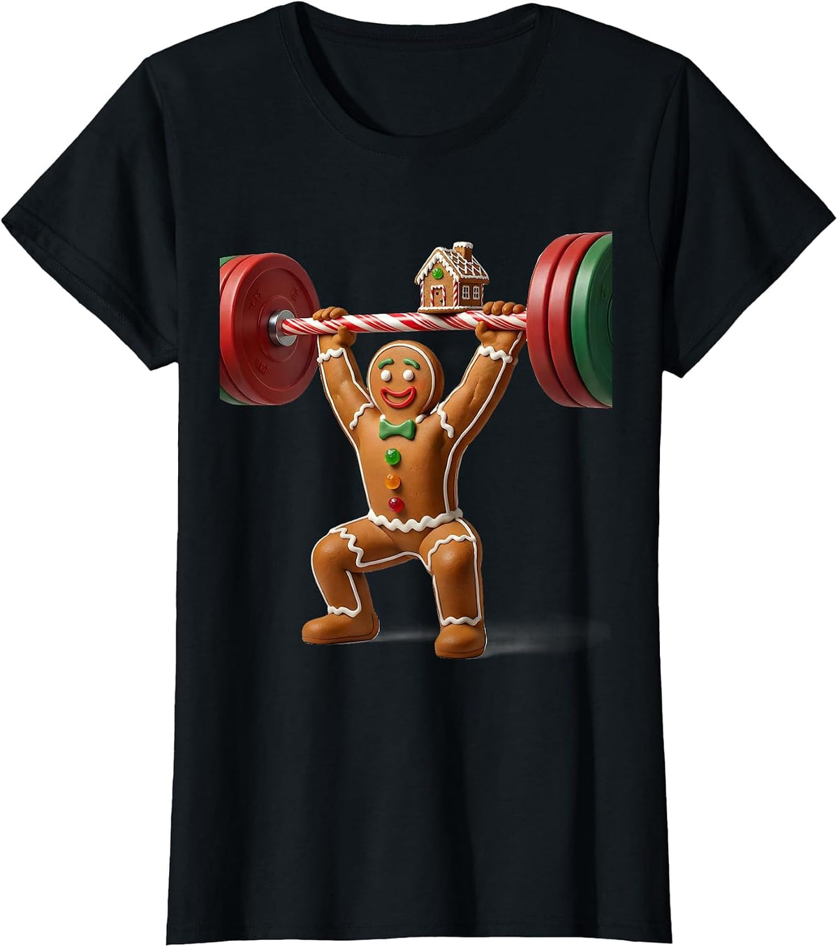 Women's Gingerbread Lifter Cartoon Funny Christmas Gym Weightlifting T-Shirt - Black