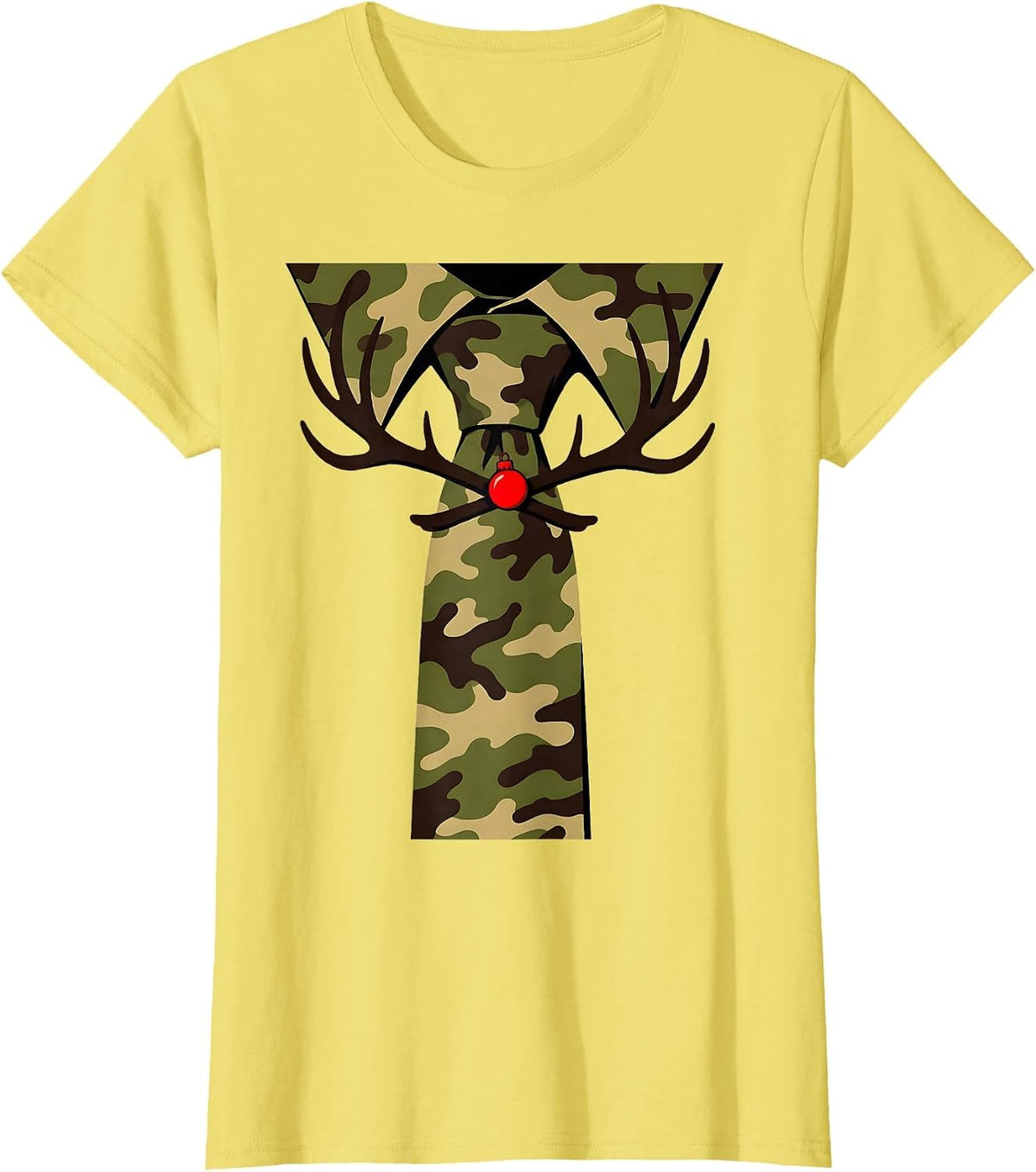 Women's Camo Necktie Deer Antler Christmas Hunting Gift T-Shirt - Lemon Yellow