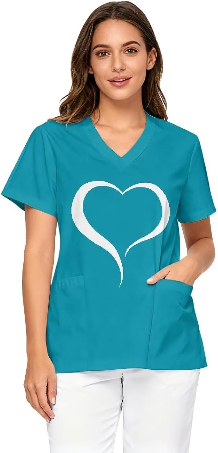 Scrubs for Women V Neck Medical Scrub Tops Size S - 5XL - Love Blue