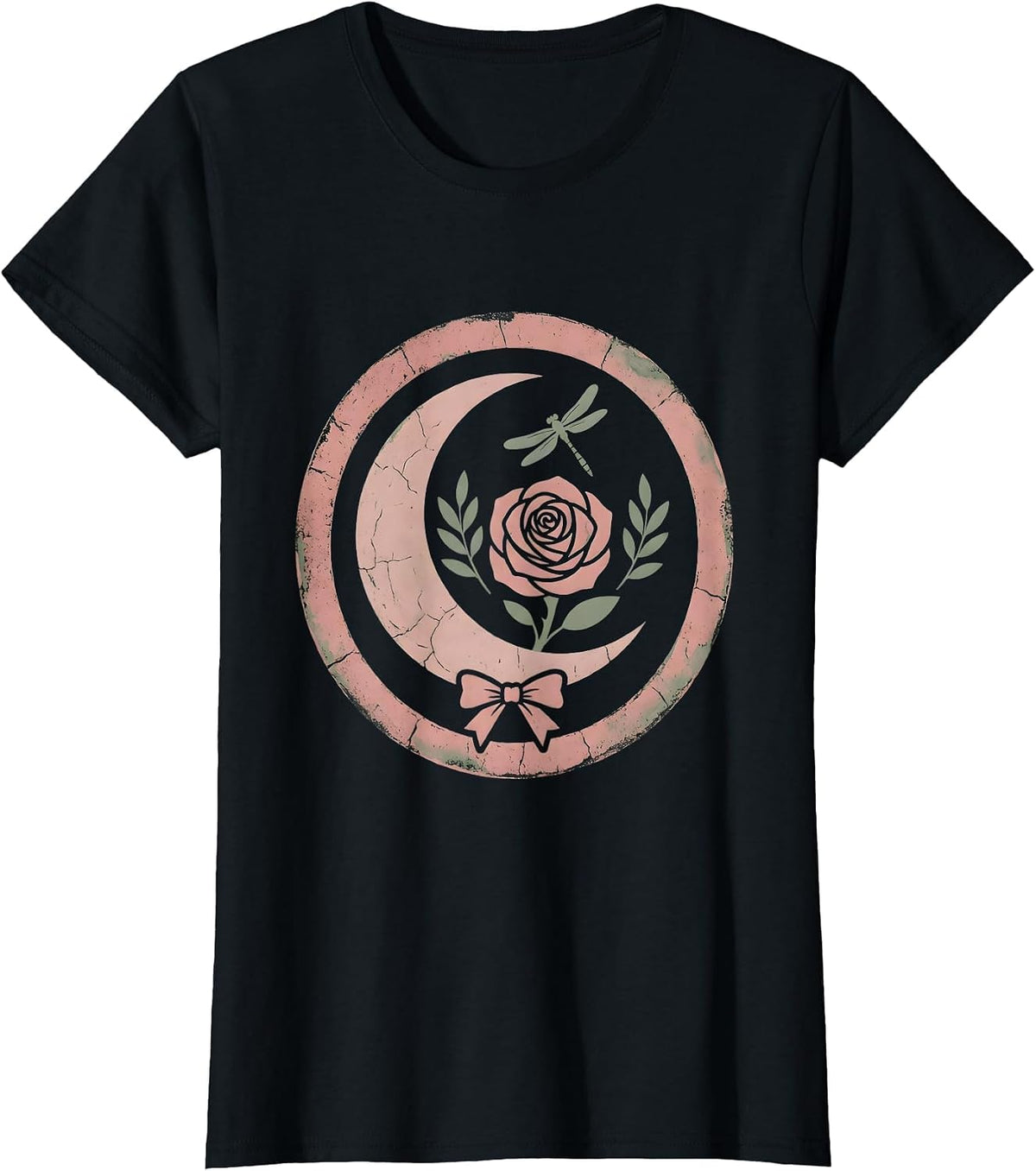 Women's Crescent Moon Rose Western Boho Graphic Design T-Shirt - Black