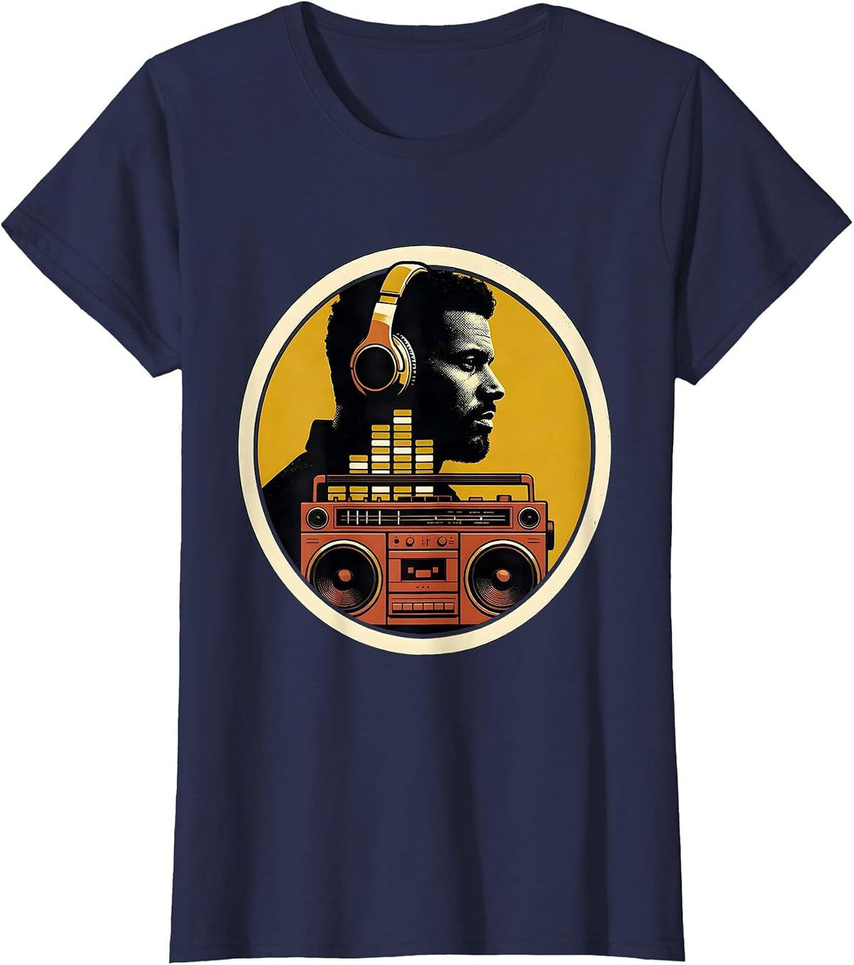 Women's Proud Profile Boombox Retro 90s Hip Hop Fan T-Shirt - Navy Blue