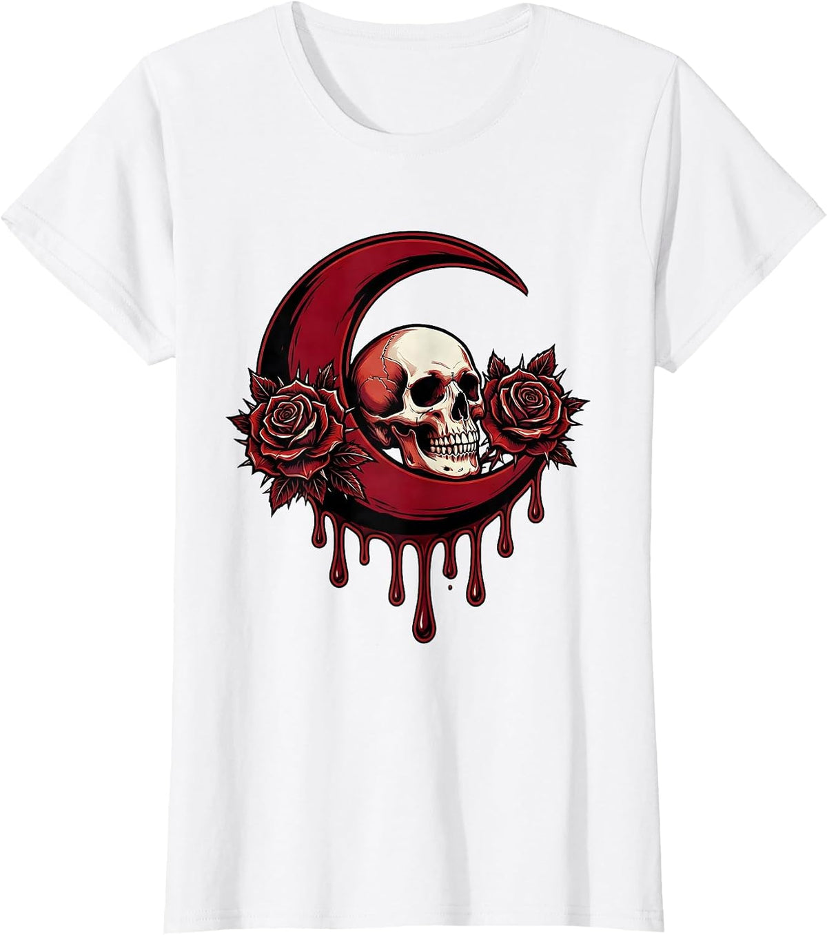 Crescent Moon Dripping Blood Horror Graphic T-Shirt - White