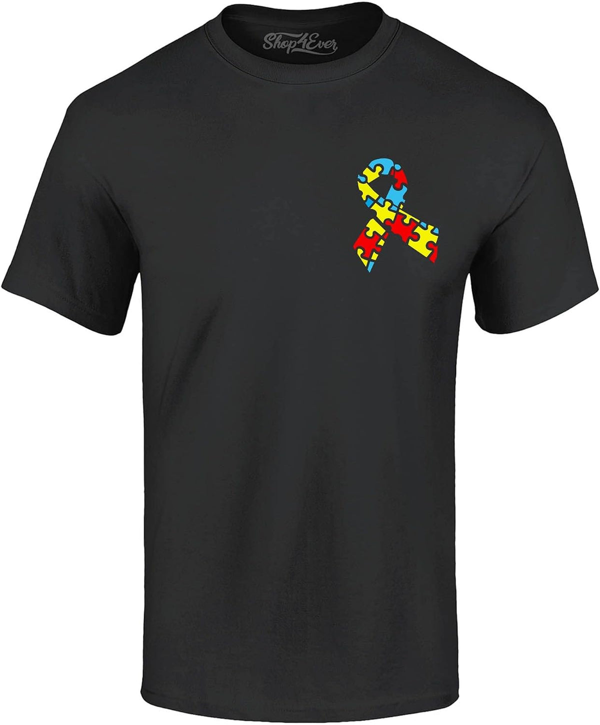 shop4ever Autism Awareness Pocket T-Shirt – Puzzle Ribbon Graphic Tee for Men & Women, Neurodiversity Acceptance Tee - Black