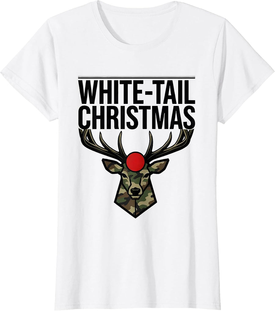 Women's White-Tail Christmas Funny Camo Deer Hunting Holiday Party T-Shirt - White