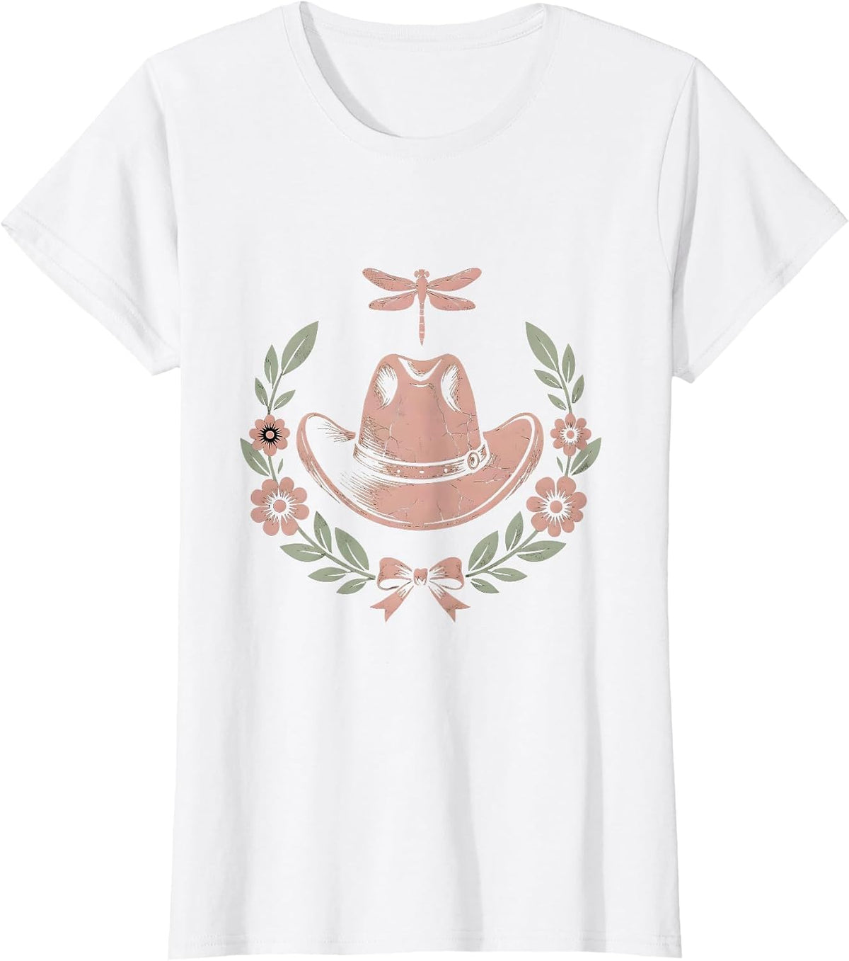 Women's Cowgirl Hat Floral Wreath Rodeo Illustration T-Shirt - White