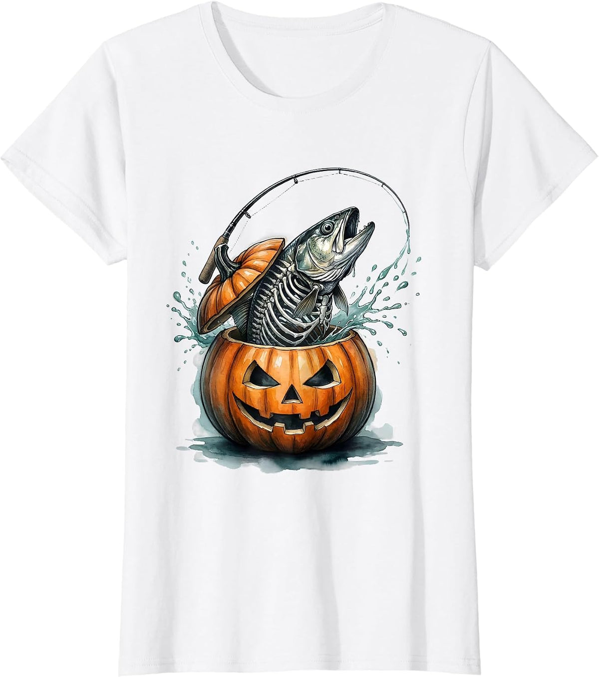 Watercolor Skeletal Trout Pumpkin Fishing Halloween T-Shirt - White