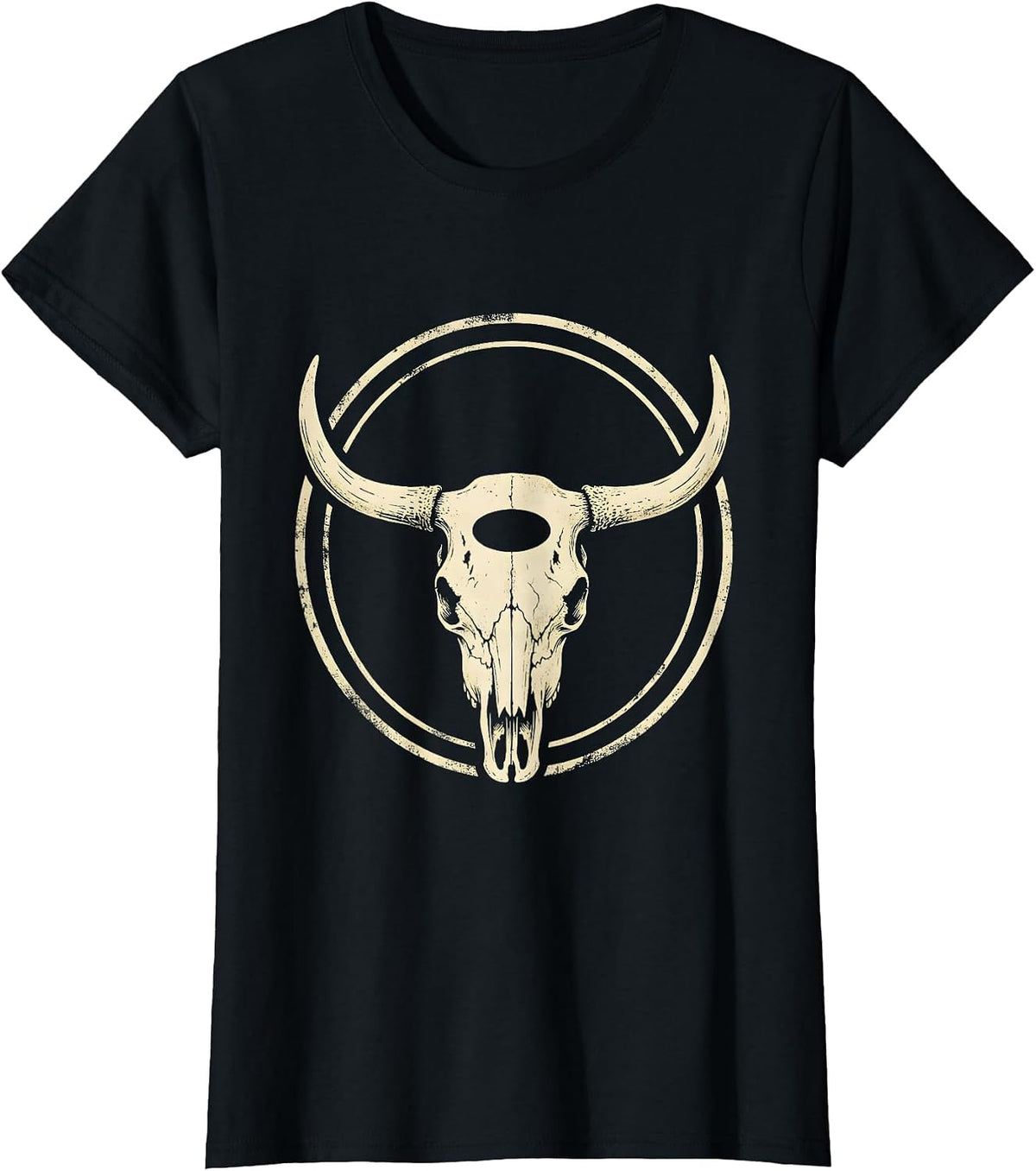 Women's Longhorn Skull Boho Western Mono Vintage Gift T-Shirt - Black