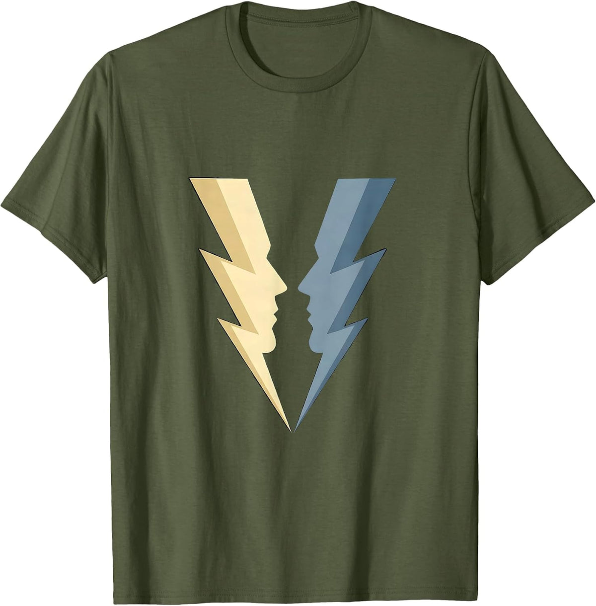 Men's Twin Lightning Bolts Striking Simultaneously T-Shirt - Olive Green