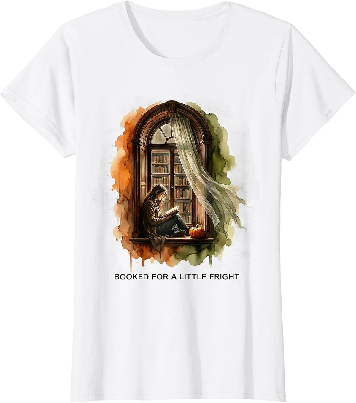 Women's Booked For A Little Fright Watercolor Halloween Bookworm T-Shirt - White