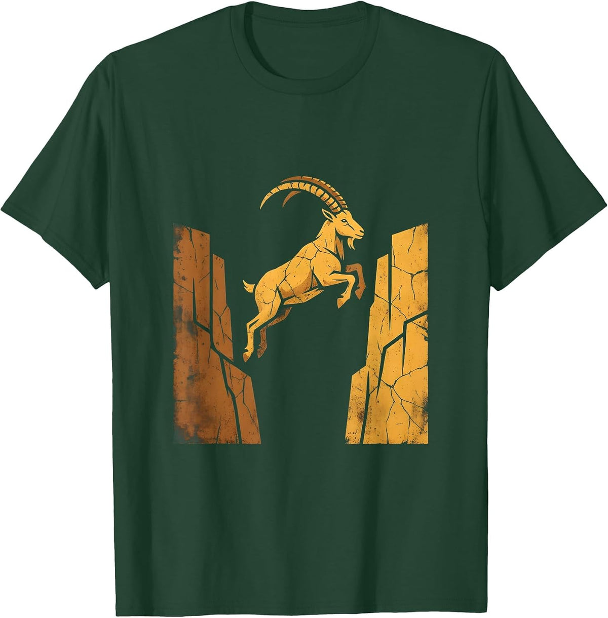 Men's Mountain Goat Leaping Cliff Faces Wildlife Design T-Shirt - Dark Green