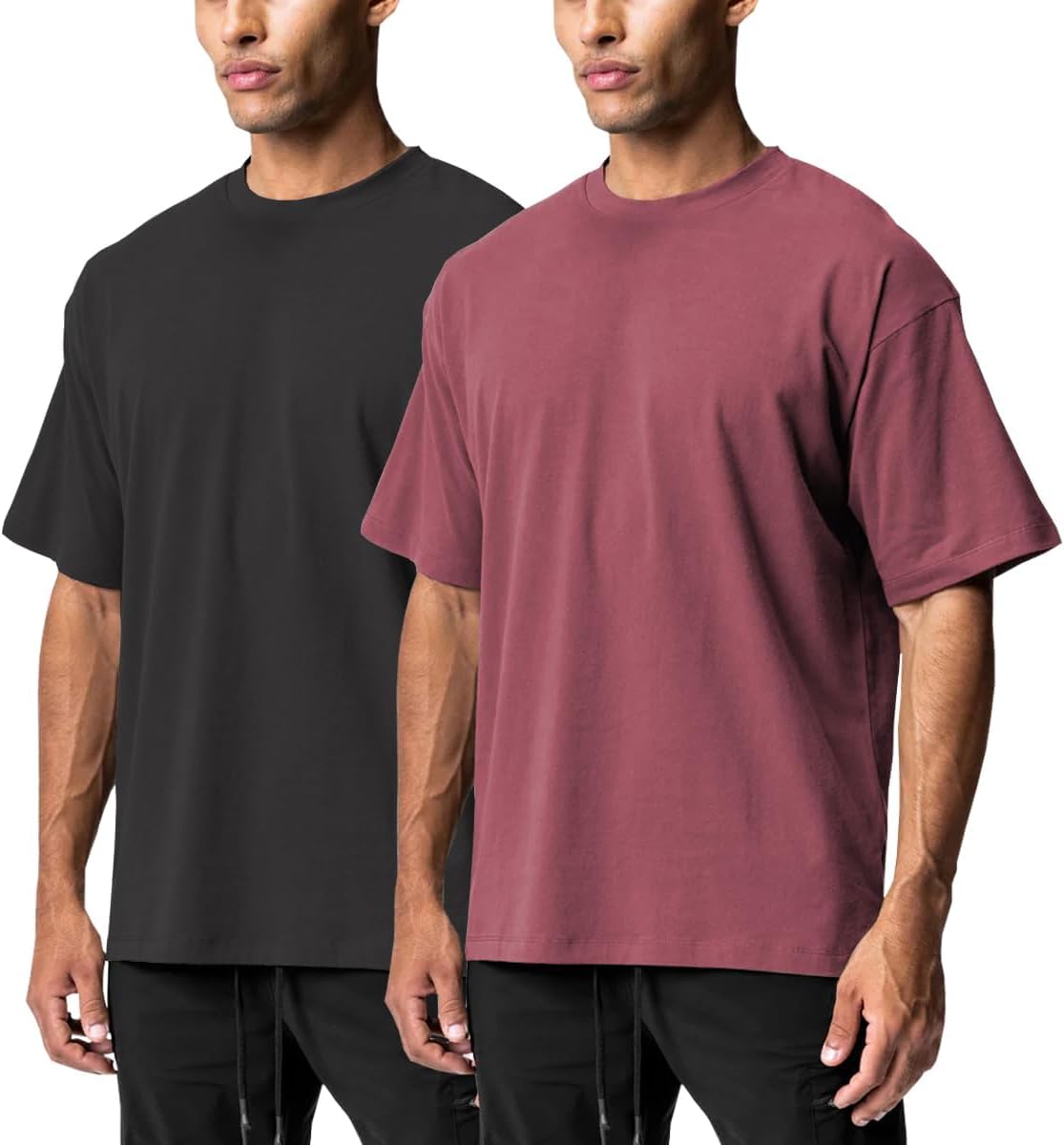 Men's Cotton Short Sleeve Crew Neck Shirts Athletic Tops Tees Oversized Gym Clothes for Men S-XXL - Black+purple