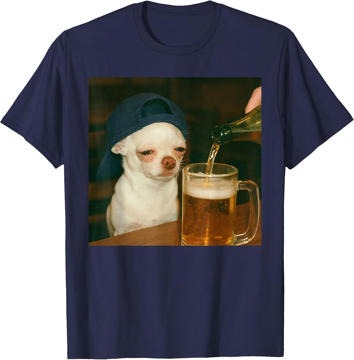 Funny Chihuahua Beer Meme Dog Reaction Humor Funny Dog Meme T-Shirt - Navy Blue
