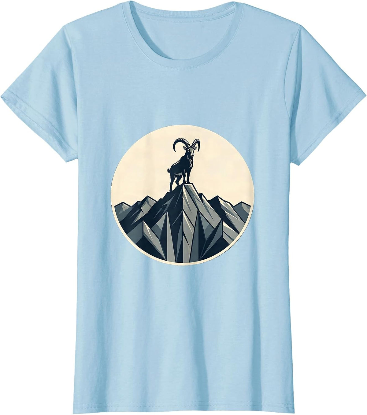 Mountain Goat Triumphant on Cliff Peak Graphic T-Shirt - Baby Blue