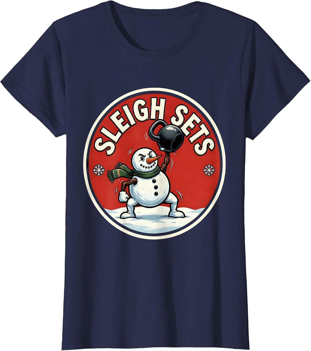 Women's Sleigh Sets Cartoon Christmas Weightlifting Gym Humor T-Shirt - Navy Blue