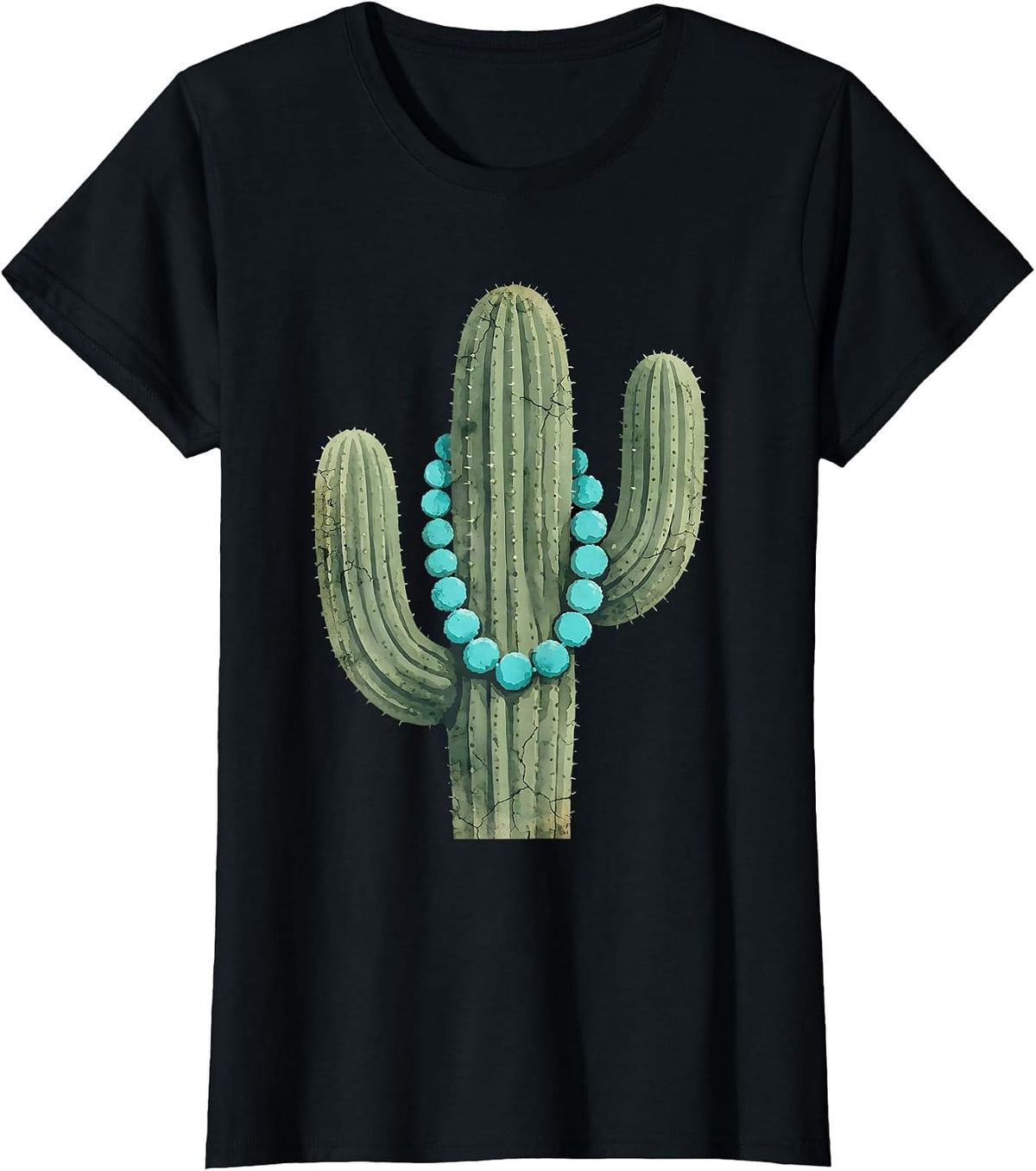 Cactus Turquoise Beaded Necklace Western Design T-Shirt - Black