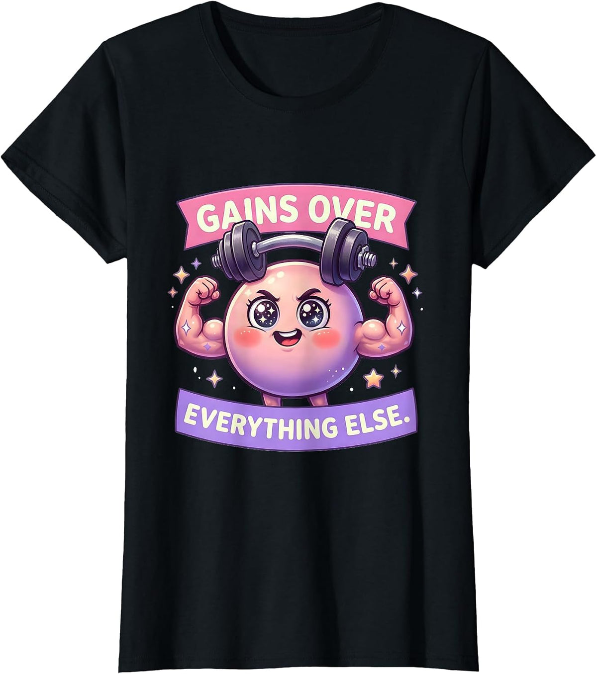 Women's Gains Over Everything Else Funny Gym Design T-Shirt - Black