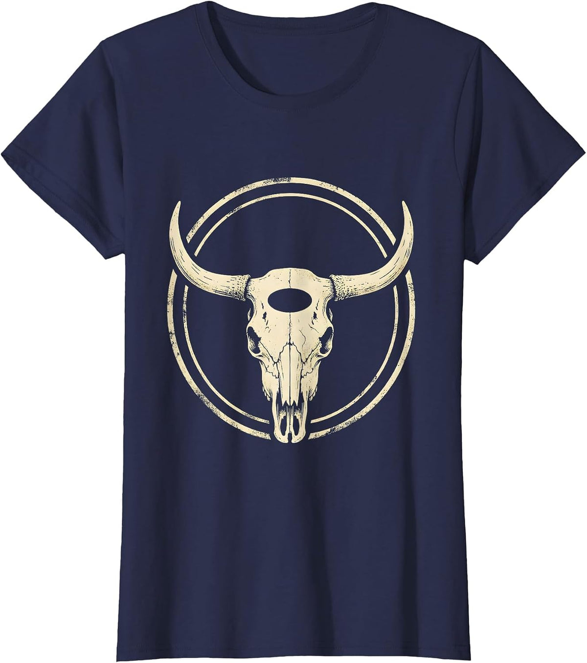Women's Longhorn Skull Boho Western Mono Vintage Gift T-Shirt - Navy Blue