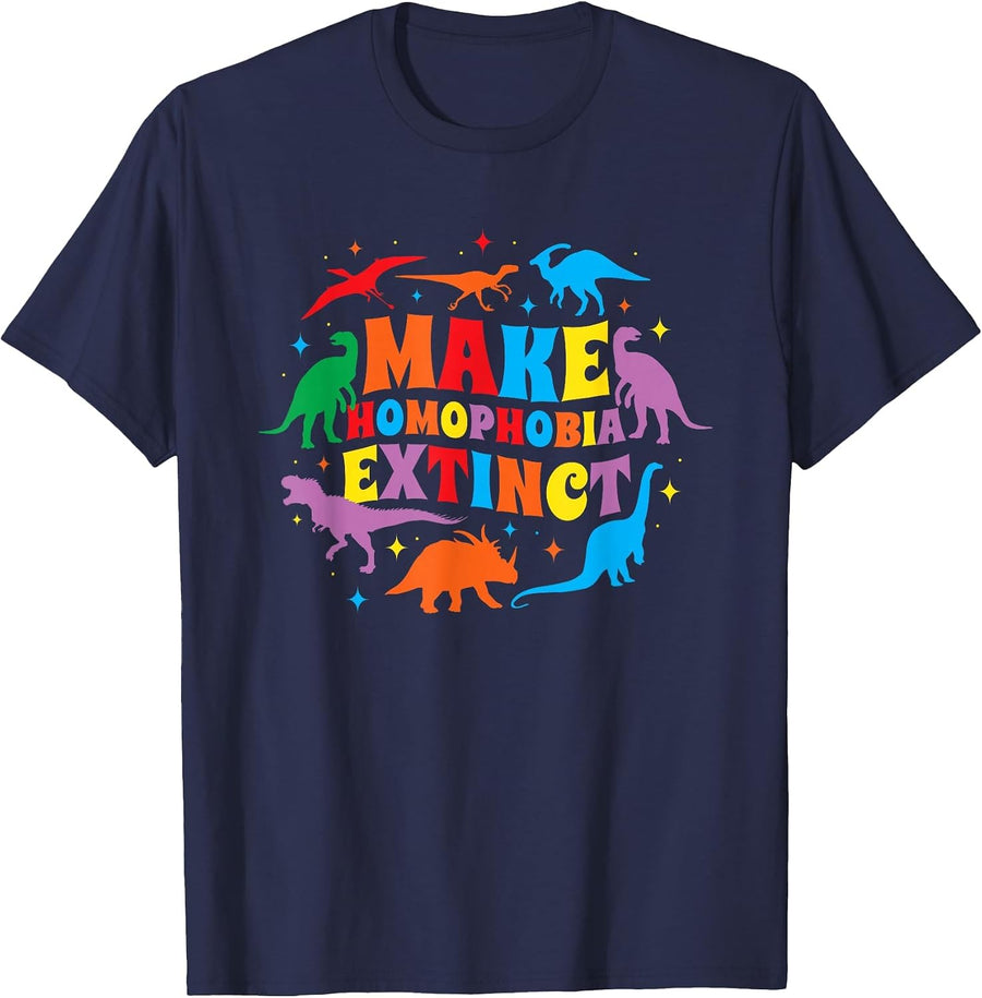 Let's Make Homophobia Extinct Dinosaur LGBTQ Pride Month T-Shirt - Navy Blue