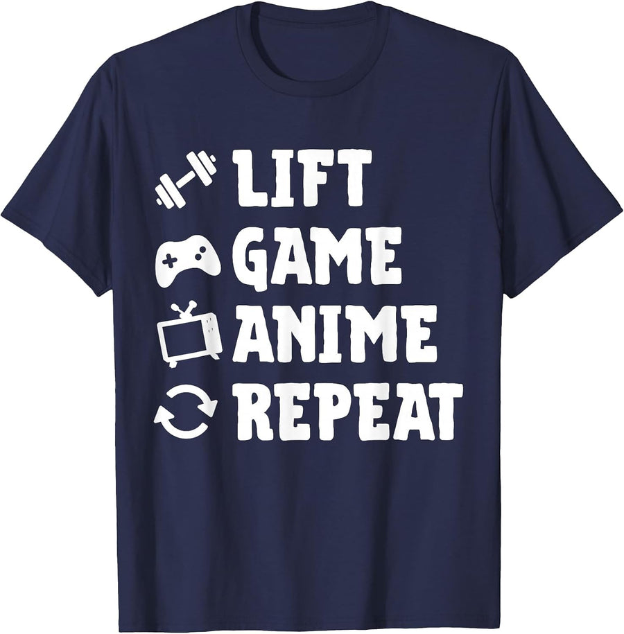Funny Gym Lift Game Anime Repeat Gaming Anime Lover Workout T-Shirt - Navy Blue