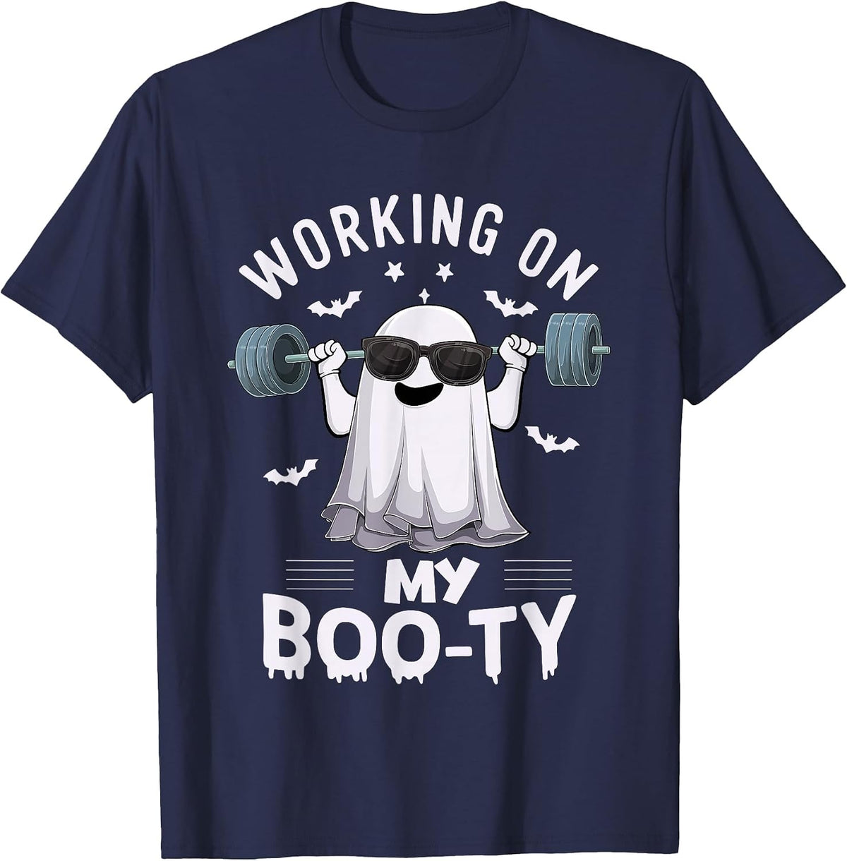 Working on My Boo-ty Ghost Fitness Weight Lifting Halloween T-Shirt - Navy Blue