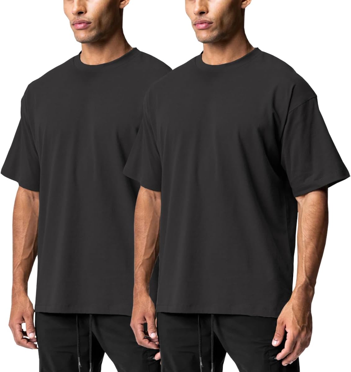 Men's Cotton Short Sleeve Crew Neck Shirts Athletic Tops Tees Oversized Gym Clothes for Men S-XXL - Black+black