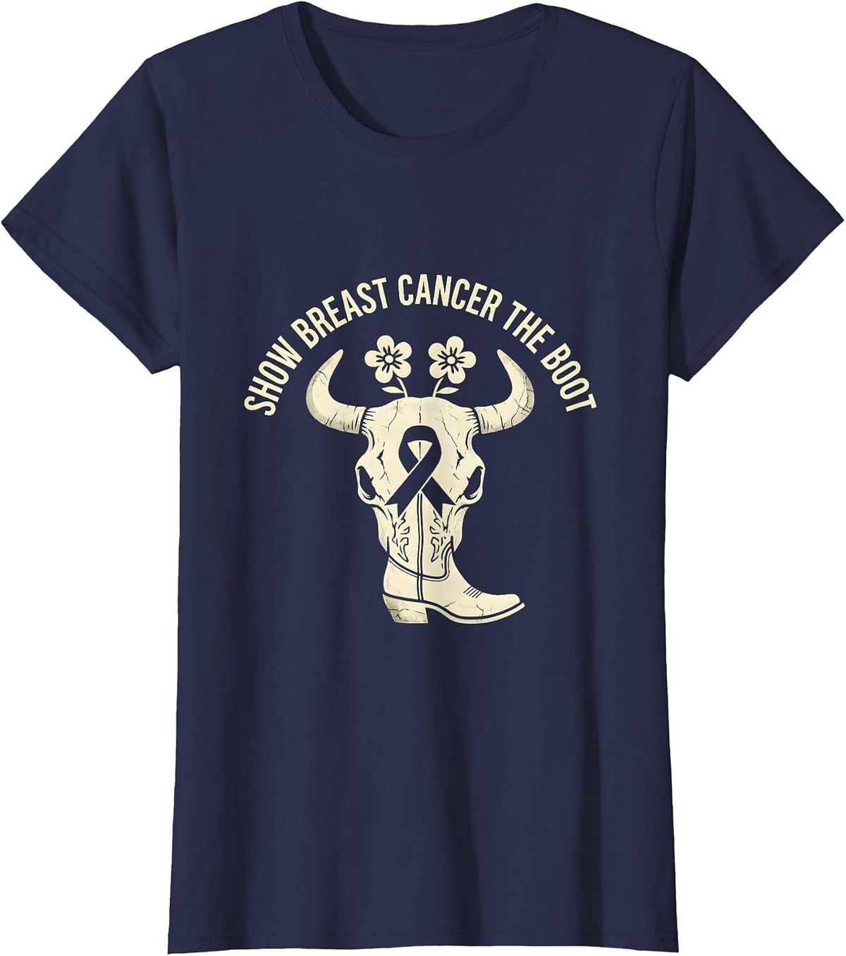Women's Show Breast Cancer The Boot Boho Western Cowgirl Awareness T-Shirt - Navy Blue