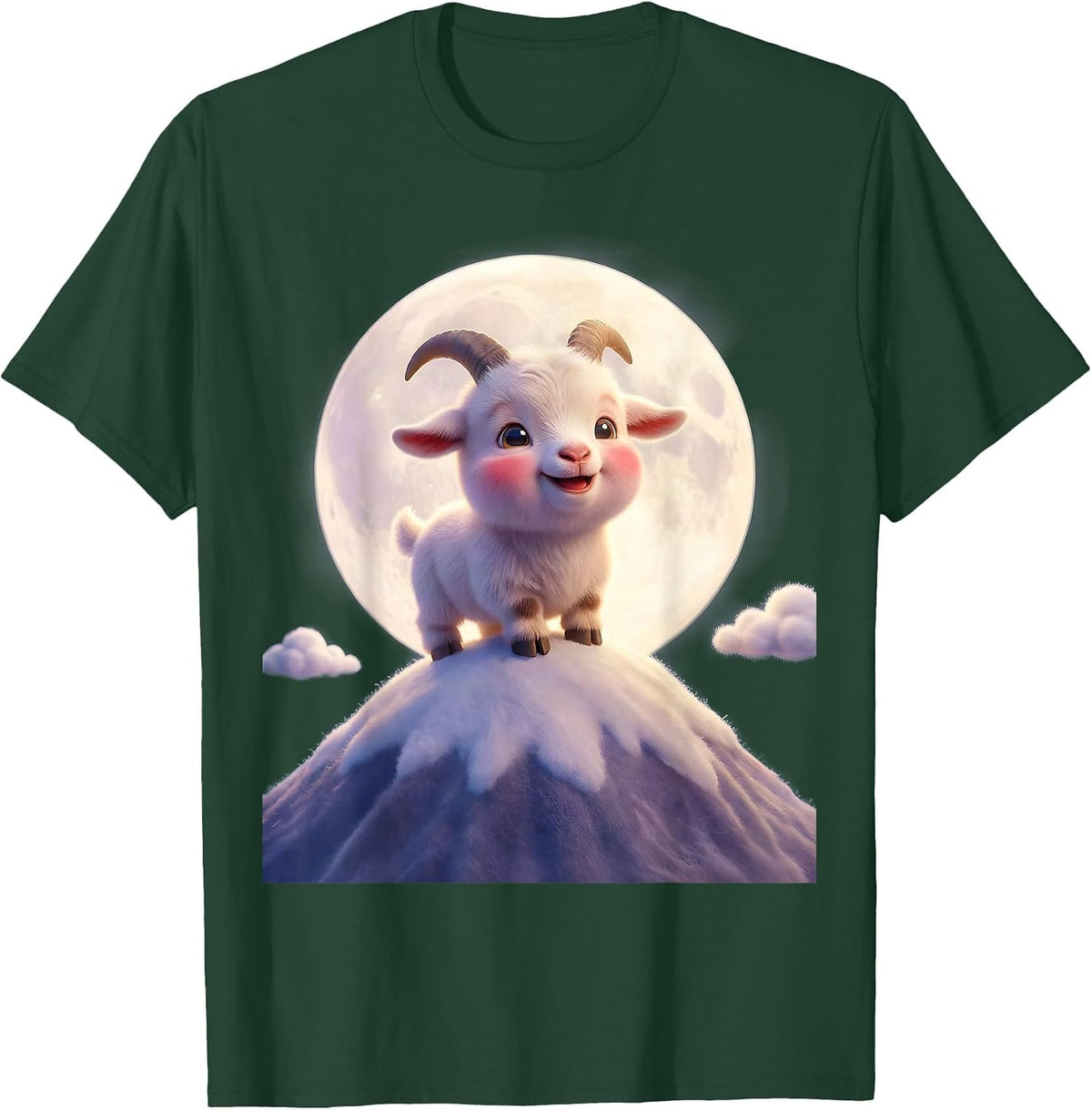 Goat Silhouette Full Moon Mountain Peaks T-Shirt - Dark Green