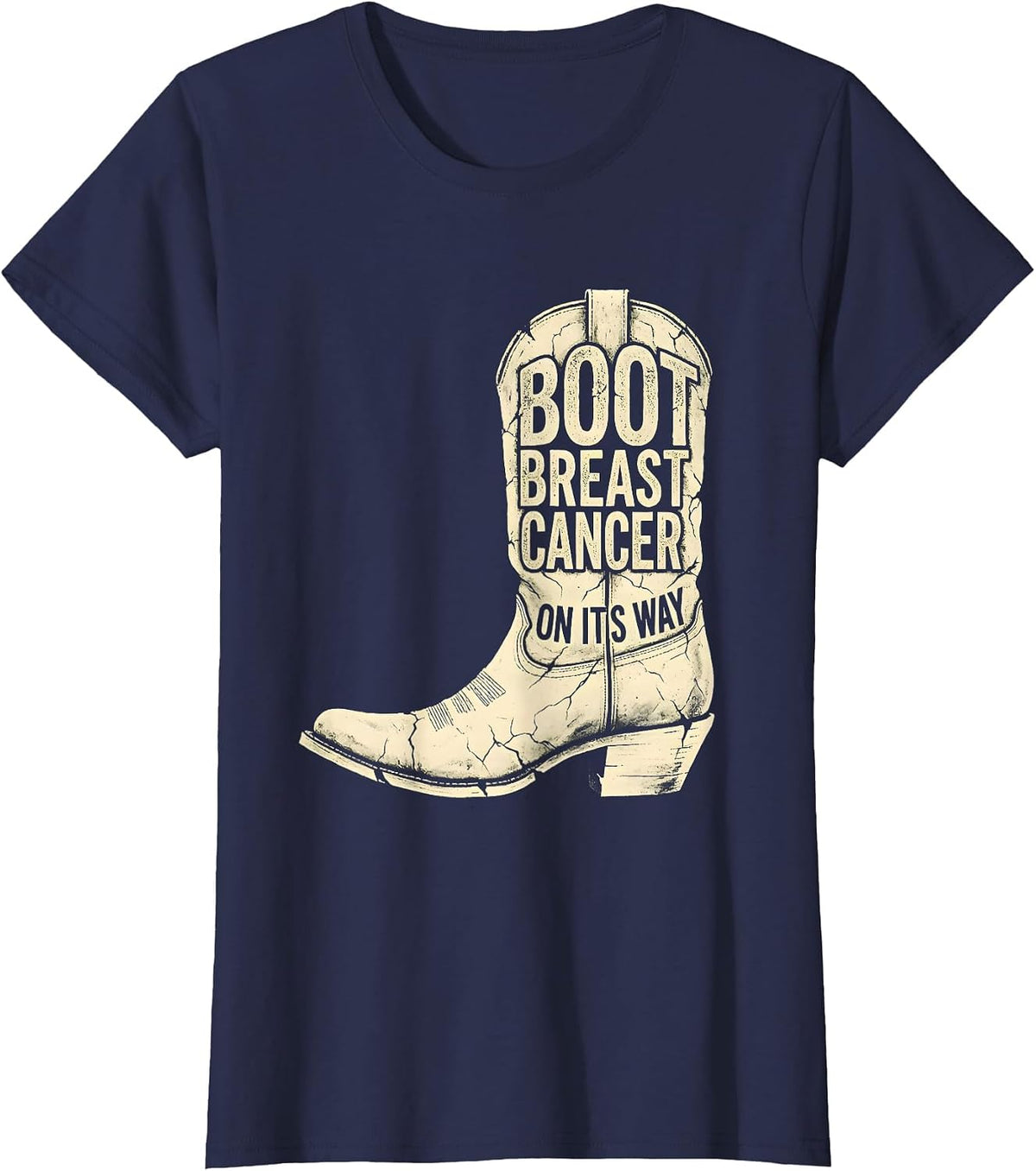 Women's Boot Breast Cancer On Its Way Boho Western Cowgirl Support T-Shirt - Navy Blue