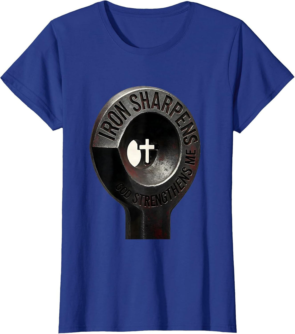 Women's Iron Sharpens God Strengthens Me Minimalist Christian Gym T-Shirt - Royal Blue