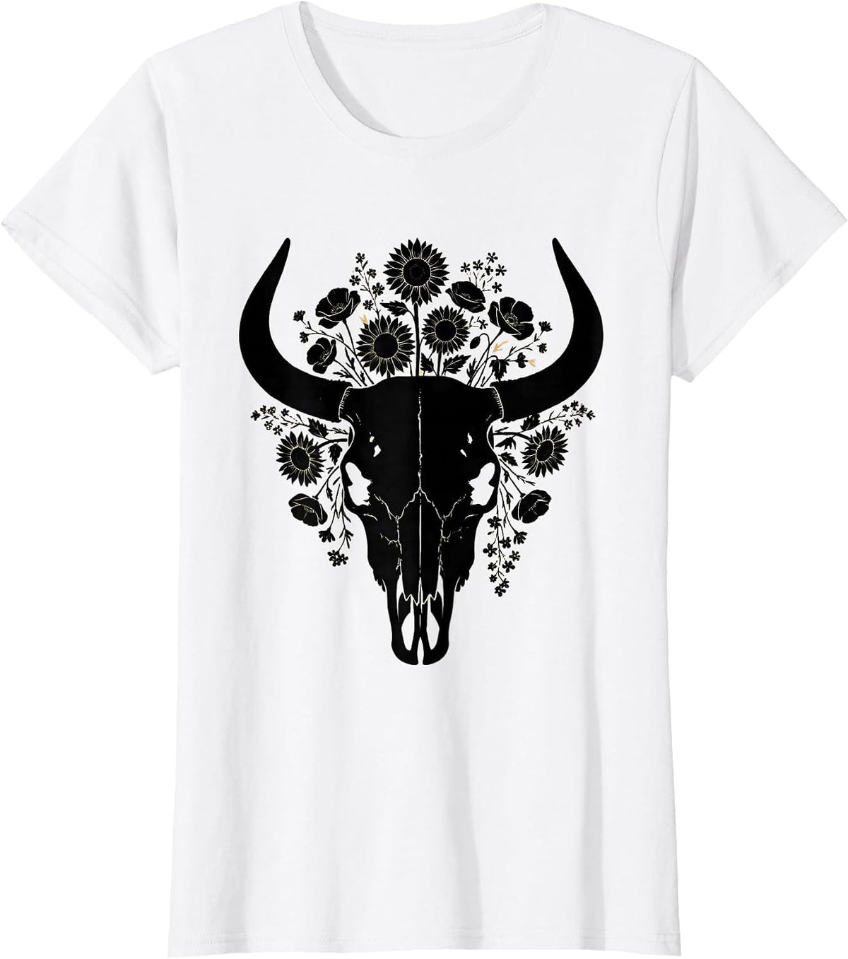 Women's Bull Skull Wildflowers Western Boho Graphic Tee T-Shirt - White