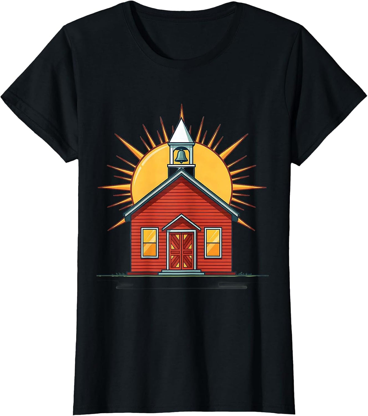 Second Grade Teacher Schoolhouse Sunrise Design T-Shirt - Black