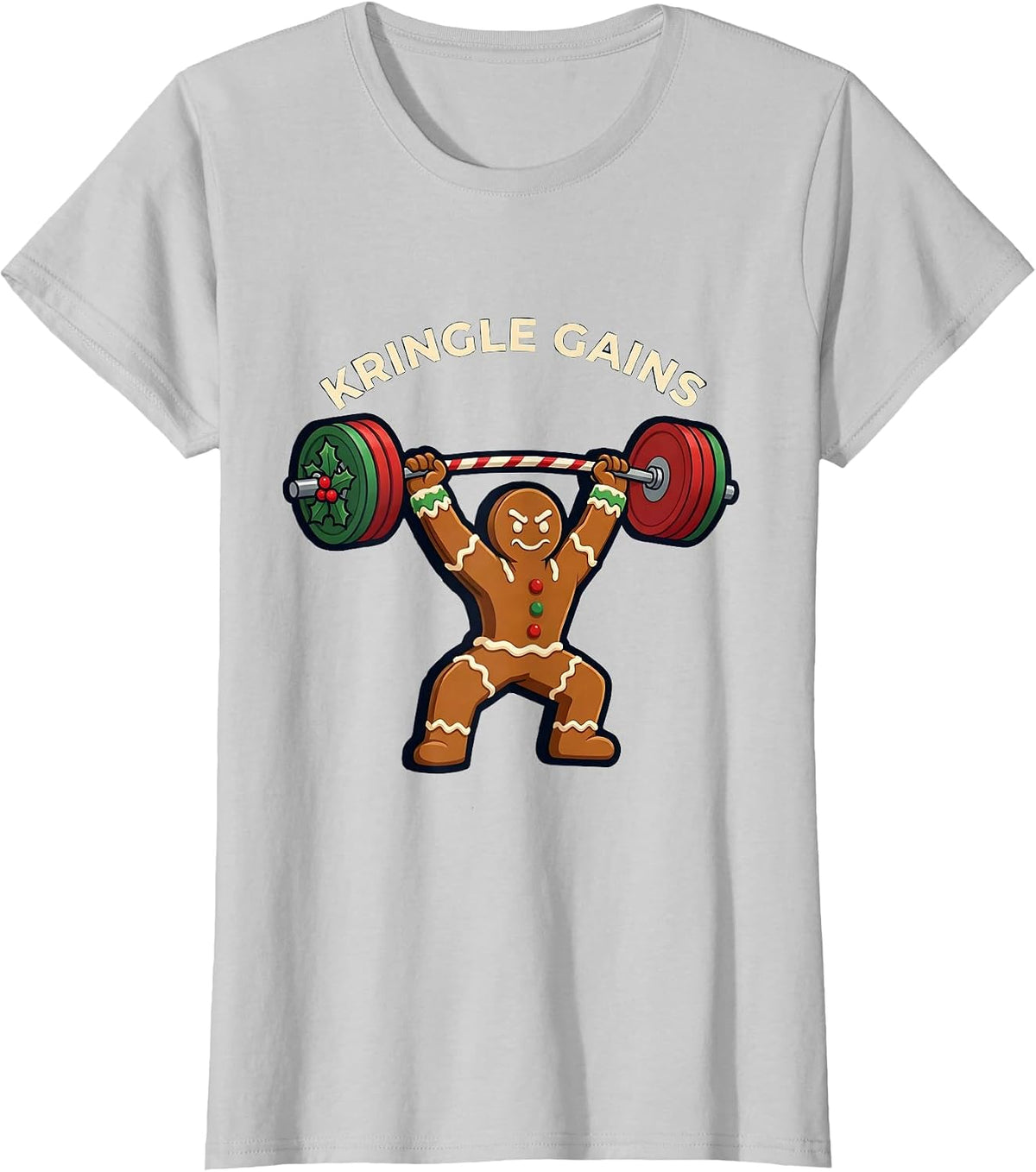 Kringle Gains Funny Gingerbread Man Gym Weightlifting T-Shirt - Silver Grey