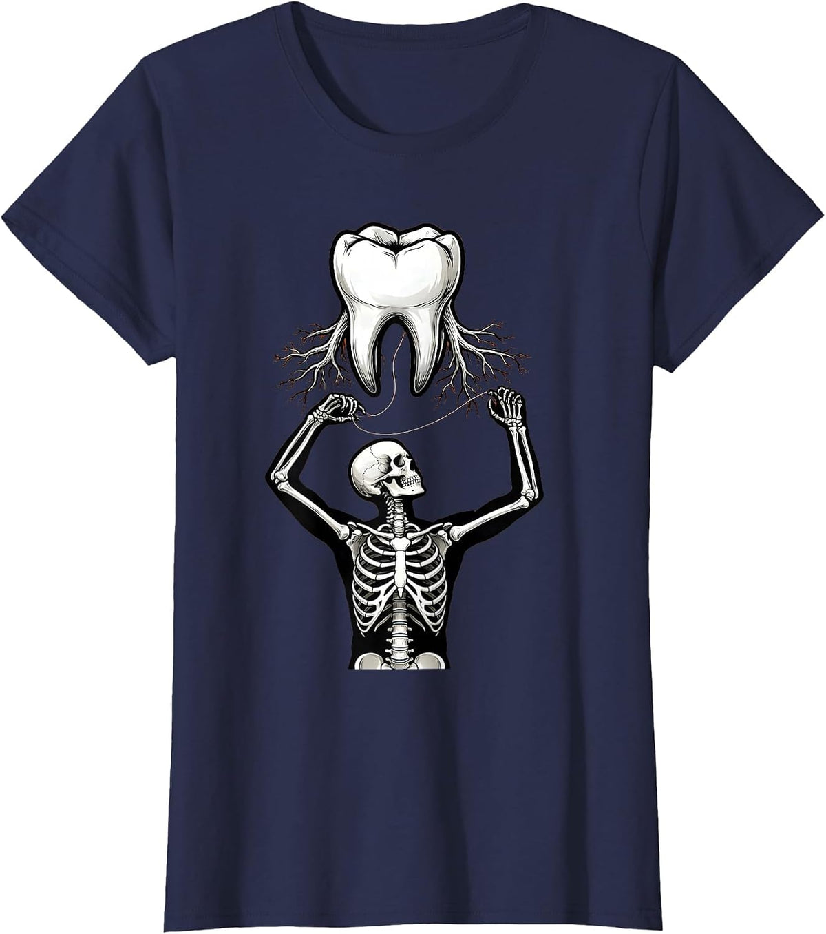 Women's Halloween Skeleton Flossing Molar Dental Halloween T-Shirt - Navy Blue