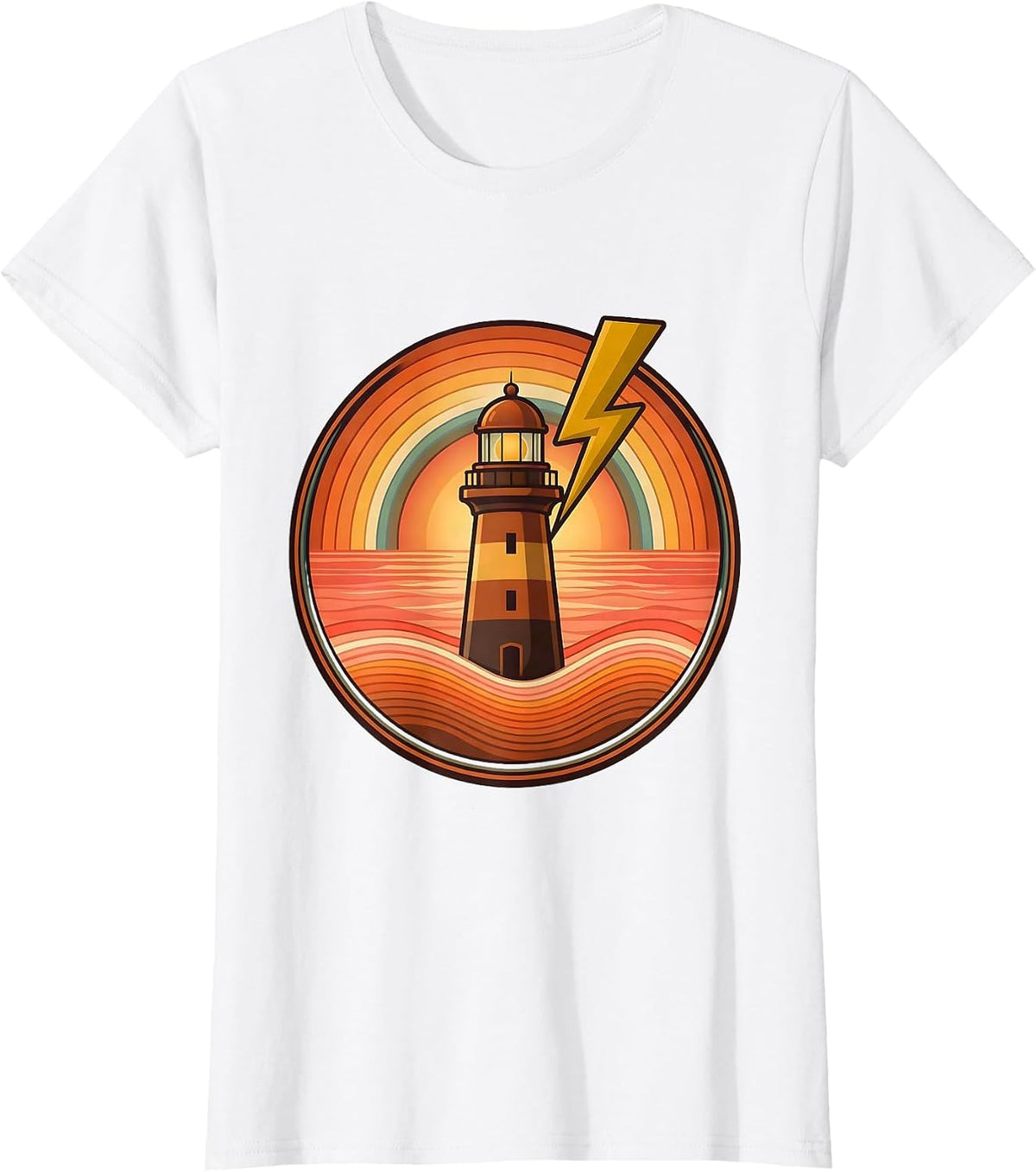 Women's Gulf Coast Lighthouse Lightning Storm Illustration T-Shirt - White