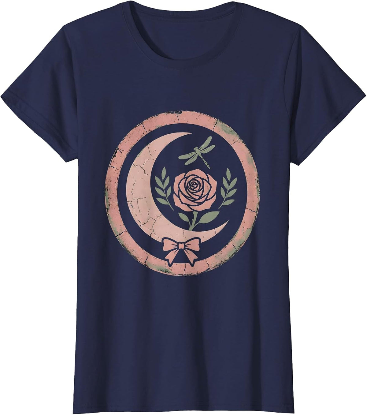 Women's Crescent Moon Rose Western Boho Graphic Design T-Shirt - Navy Blue