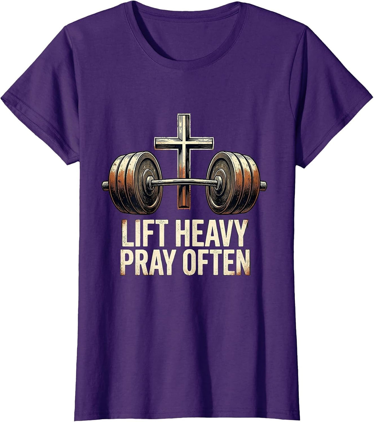 Women's Lift Heavy Pray Often Distressed Christian Gym Faith T-Shirt - Purple