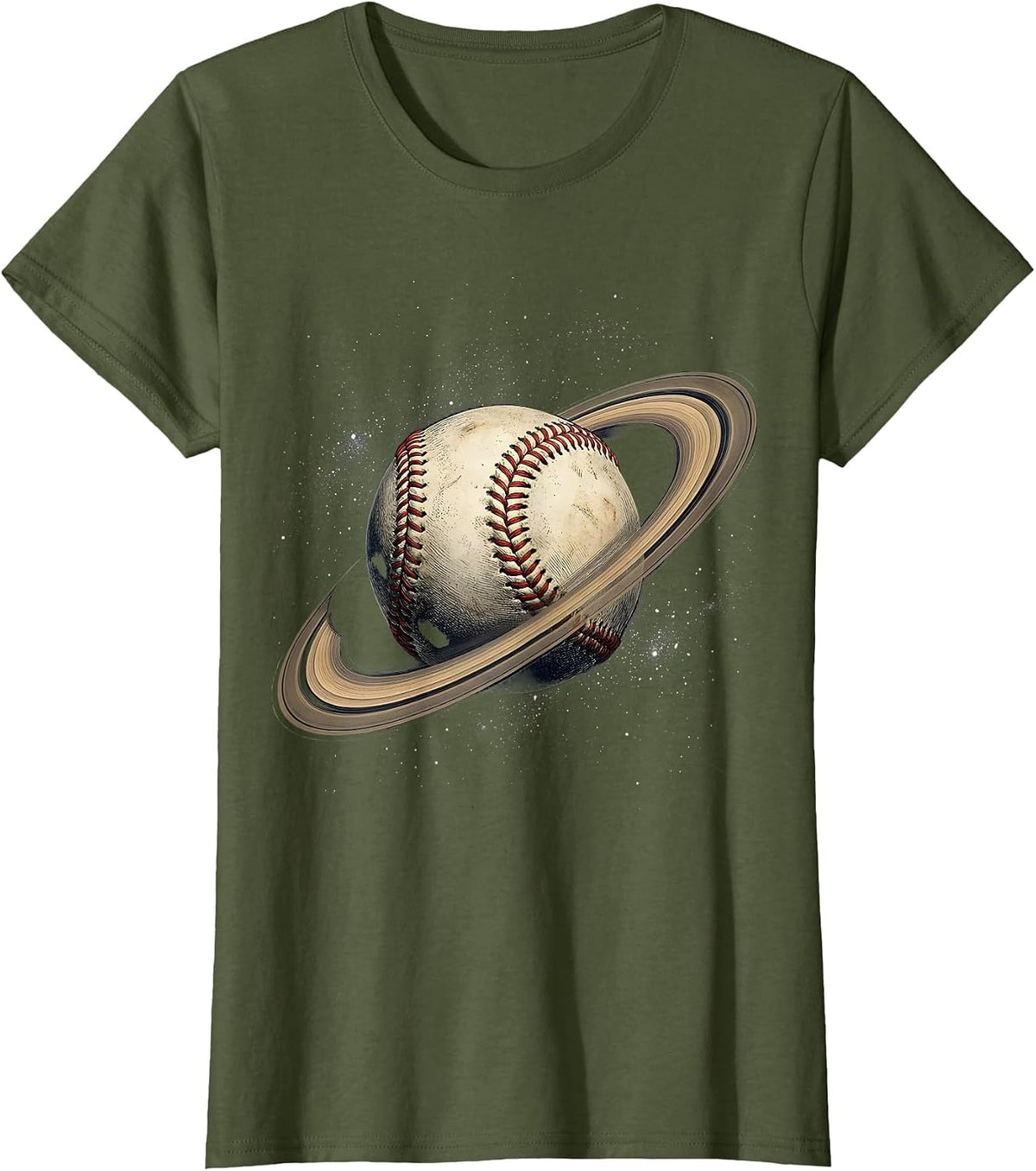 Women's Baseball Seams Saturn Rings Space Graphic T-Shirt - Olive Green