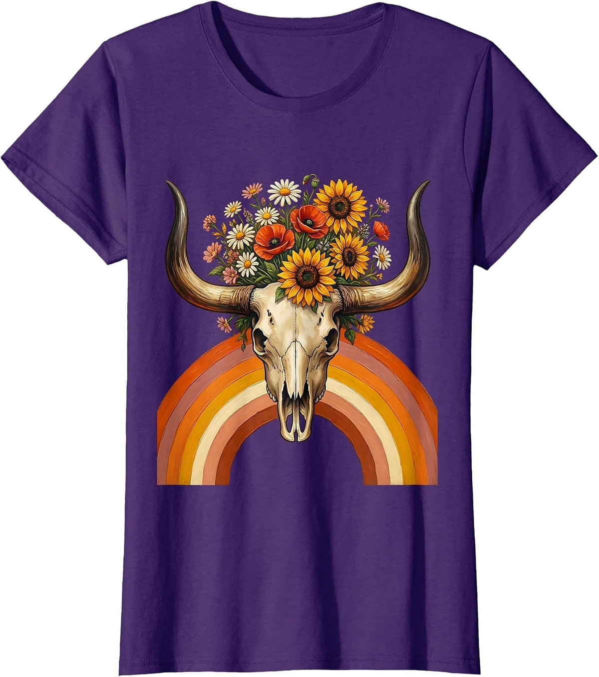 Women's Longhorn Skull Pastel Wildflowers Western Boho T-Shirt - Purple